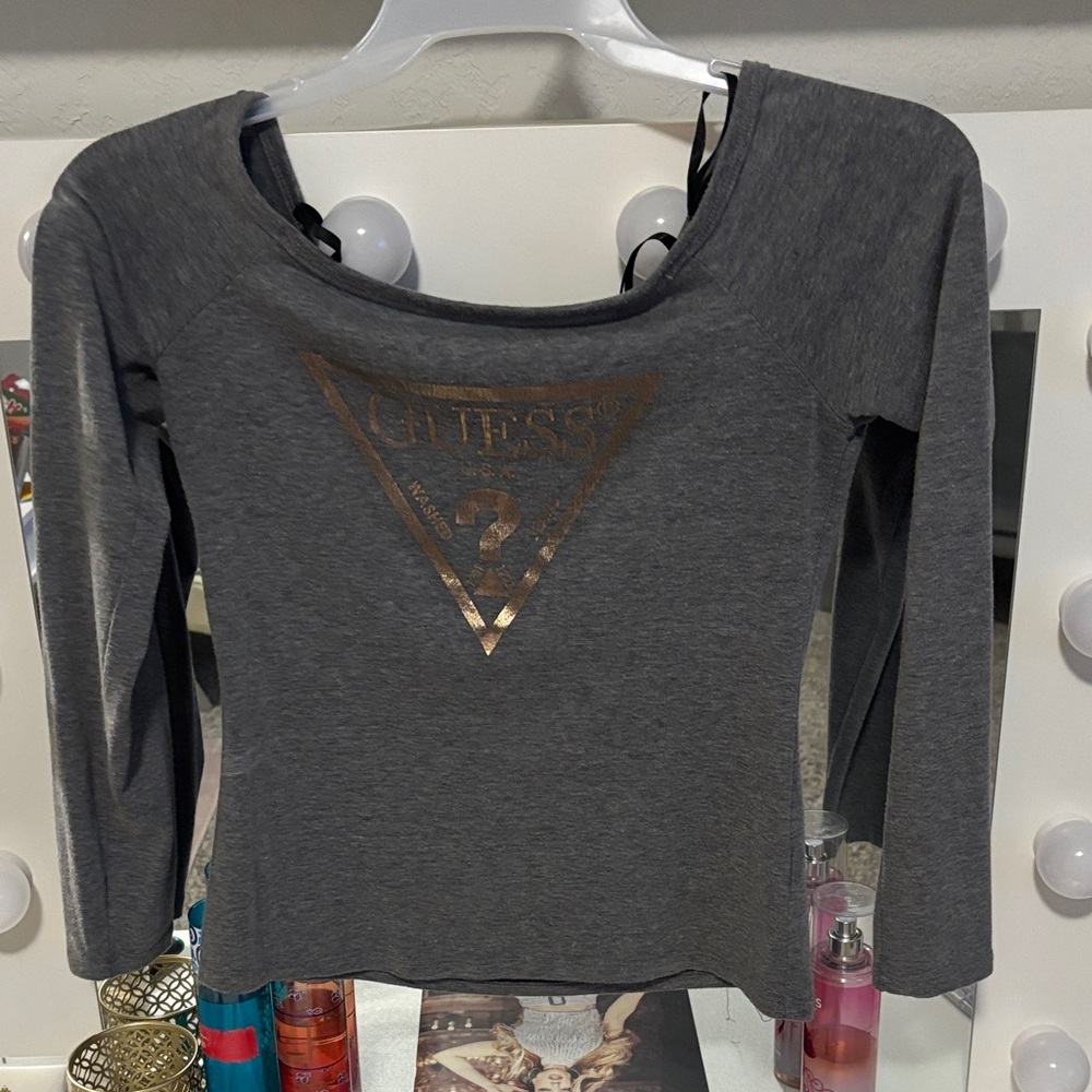 Guess Women's Charcoal Long Sleeve Tee with Gold Logo